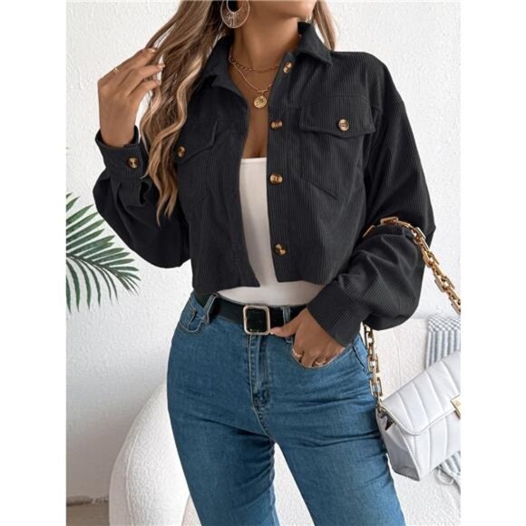 Corduroy Button-Up Dropped Shoulder Jacket - Picture 1 of 16